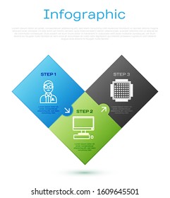 Set line Scientist, Processor and Computer monitor with keyboard and mouse. Business infographic template. Vector