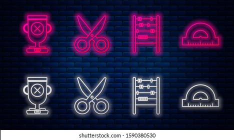 Set line Scissors, Abacus, Award cup and Protractor grid for measuring degrees. Glowing neon icon on brick wall. Vector
