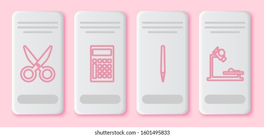 Set line Scissors, Calculator, Pen and Microscope. White rectangle button. Vector