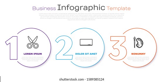 Set line Scissors, Chalkboard and Paint brush with palette. Business infographic template. Vector