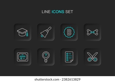 Set line Scissors, Clipboard with checklist, Unknown search, Certificate template, Molecule, Exam paper incorrect answers, Ringing bell and Graduation cap icon. Vector