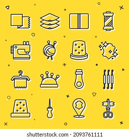 Set line Scissors, Crochet hook, Leather, Textile fabric roll, Yarn ball with knitting needles, Sewing machine,  and Thimble for sewing icon. Vector