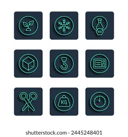 Set line Scissors with cut line, Weight, Clock, Test tube and flask, Industrial hook, Carton cardboard box, Plant based and Microwave oven icon. Vector