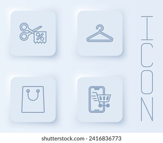 Set line Scissors cuts discount coupon, Hanger wardrobe, Paper shopping bag and Mobile with cart. White square button. Vector