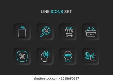 Set line Scissors cuts discount coupon, Price tag with New, Discount percent, Shopping basket, cart and food, Magnifying glass and Paper shopping bag icon. Vector