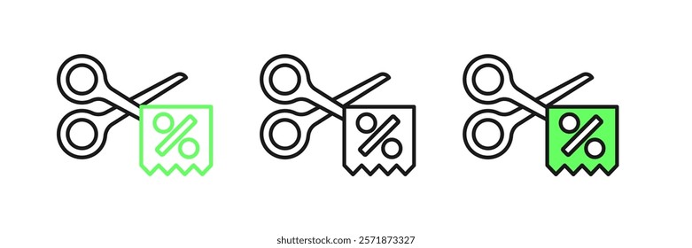 Set line Scissors cuts discount coupon icon isolated on white background. The concept of selling in an online supermarket at low prices or half the cost.  Vector