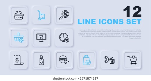 Set line Scissors cuts discount coupon, Add to Shopping cart, monitor, Paper shopping bag, basket, Heart tag, Hand truck and boxes and Buy button icon. Vector