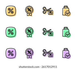 Set line Scissors cuts discount coupon, Discount percent tag,  and Paper shopping bag icon. Vector