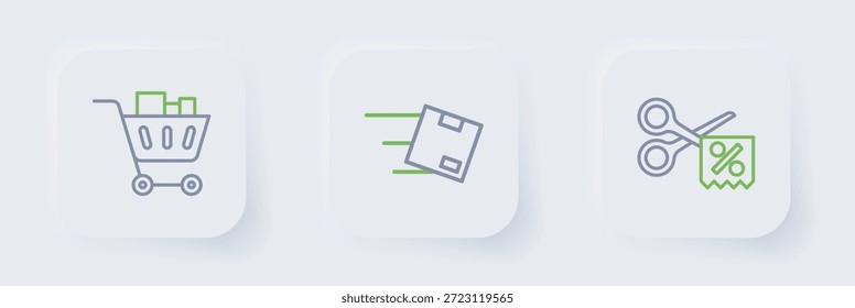 Set line Scissors cuts discount coupon, Location with cardboard box and Shopping cart and food icon. Vector