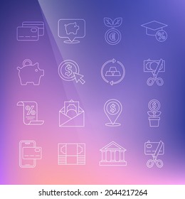 Set line Scissors cutting a credit card, Dollar plant, money, Euro, Coin with dollar, Piggy bank, Credit and Gold bars icon. Vector