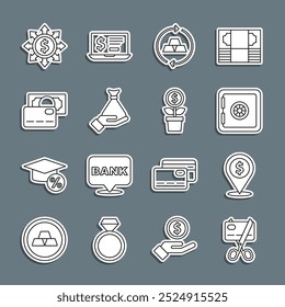 Set line Scissors cutting a credit card, Cash location, Safe, Gold bars, Money hand, Credit, Dollar, share, network and plant icon. Vector