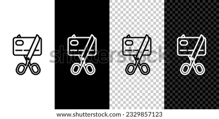 Set line Scissors cutting a credit card icon isolated on black and white, transparent background. Online payment. Cash withdrawal. Financial operations. Shopping sign.  Vector
