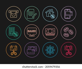 Set line Scissors cutting money, Coin with dollar, House percant discount, Bank building, ATM and, Stacks paper cash and Document pen icon. Vector