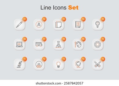 Set line Scissors, Earth globe, Creative lamp light idea, CD DVD disk, Microscope, Gear, Paint brush with palette and Test tube icon. Vector