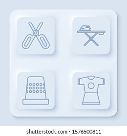 Set line Scissors, Electric iron and ironing board, Thimble for sewing and Woman dress. White square button. Vector
