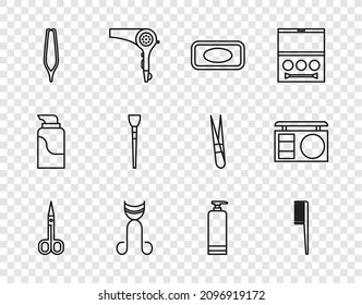 Set line Scissors, Hairbrush, Bar of soap, Eyelash curler, Eyebrow tweezers, Makeup, Cream cosmetic tube and shadow palette icon. Vector