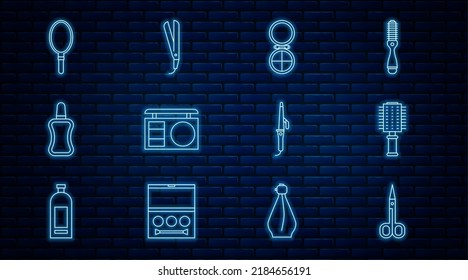 Set line Scissors, Hairbrush, Makeup powder with mirror, Eye shadow palette, Nail polish bottle, Hand, Curling iron and  icon. Vector