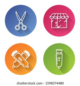 Set line Scissors hairdresser, Barbershop building, Crossed electrical hair clipper or shaver and Electrical hair clipper or shaver. Color circle button. Vector