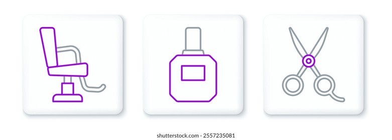 Set line Scissors hairdresser, Barbershop chair and Aftershave icon. Vector