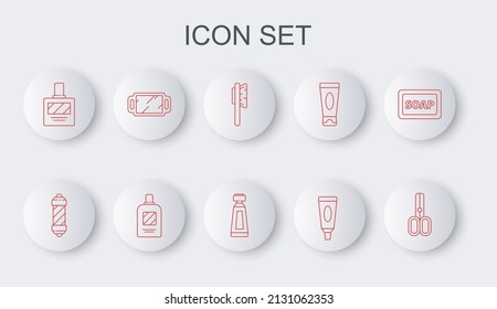 Set line Scissors hairdresser, Classic Barber shop pole, Hairbrush, Cream lotion cosmetic tube, Aftershave, Hand mirror, Bottle of shampoo and icon. Vector