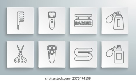 Set line Scissors hairdresser, Electrical clipper shaver, razor blade for men, Towel, Aftershave bottle with atomizer, Barbershop,  and Hairbrush icon. Vector