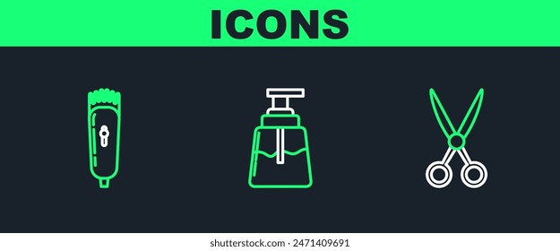 Set line Scissors hairdresser, Electrical clipper shaver and Aftershave icon. Vector