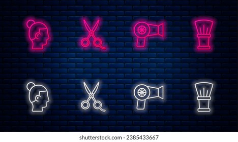 Set line Scissors hairdresser, Hair dryer, Hairstyle for men and Shaving brush. Glowing neon icon on brick wall. Vector