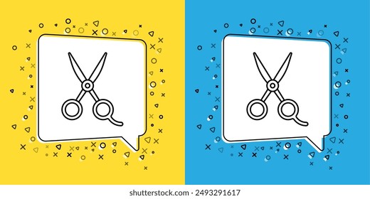 Conjunto de línea Tijeras peluquero icono aislado sobre fondo amarillo y azul. Peluquería, salón de moda y peluquería. Símbolo de barbería.  Vector