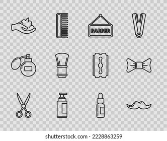 Fijar línea Tijeras peluquera, Mustache, Barbershop, tubo cosmético de crema loción, mano de espuma de gel, cepillo, botella de vidrio con pipeta e icono de corbata de vaca. Vector