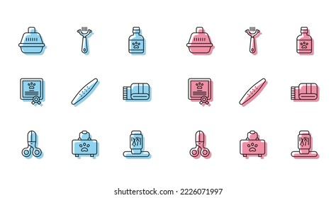 Fijar línea Tijeras peluquero, kit de primeros auxilios para mascotas, estuche para llevar, puesto de rasguño para gatos, mascota de archivos Nail, pila de toallas, Certificado para gato de perro y cepillo de pelo e icono. Vector