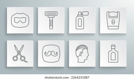 Línea Tijeras peluquera, afeitadora, barbería, peinado para hombres, botella de champú, aftershave con atomizador, cuchilla eléctrica y bigote e icono de barba. Vector