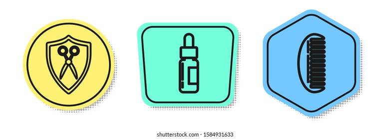 Set line Scissors hairdresser and shield, Glass bottle with a pipette and Hairbrush. Colored shapes. Vector