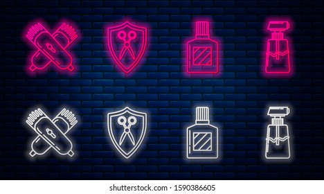 Set line Scissors hairdresser and shield, Aftershave, Crossed electrical hair clipper or shaver and Cream or lotion cosmetic tube. Glowing neon icon on brick wall. Vector