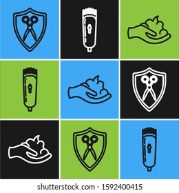 Set line Scissors hairdresser and shield, Shaving gel foam on hand and Electrical hair clipper or shaver icon. Vector