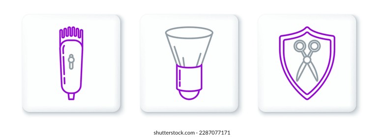 Fijar línea Tijeras peluquero y escudo, Cortadora de clipper eléctrico e icono de escobilla de relleno. Vector