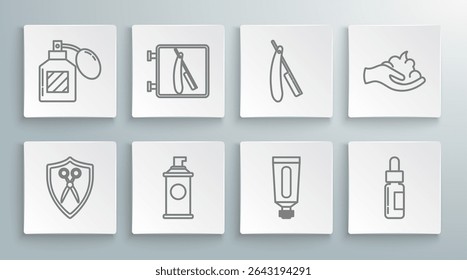 Set line Scissors hairdresser and shield, Barbershop with razor, Shaving gel foam, Cream lotion cosmetic tube, Glass bottle pipette, Straight, hand and Aftershave icon. Vector