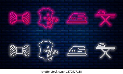 Set line Scissors and leather, Electric iron, Sewing thread on spool and Electric iron and ironing board. Glowing neon icon on brick wall. Vector