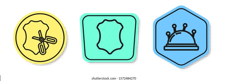 Set line Scissors and leather, Leather and Needle bed and needles. Colored shapes. Vector