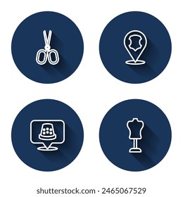 Set line Scissors, Leather, Thimble for sewing and Mannequin with long shadow. Blue circle button. Vector