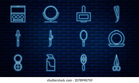 Set line Scissors, Makeup powder with mirror, Nail polish bottle, Curling iron, Pipette, Eye shadow palette, Hand and Round makeup icon. Vector