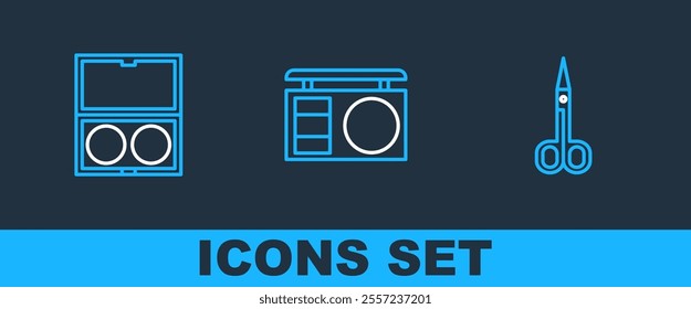 Set line Scissors, Makeup powder with mirror and Eye shadow palette icon. Vector