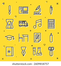 Set line Scissors, Marker pen, Calculator, Microscope, School Bus, Pencil sharpener, Paint brush and Music note, tone icon. Vector