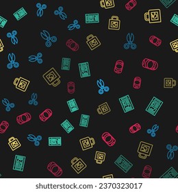 Ajuste la línea Tijeras, Noticias, taza de café y cubo de pintura en un patrón ininterrumpido. Vector