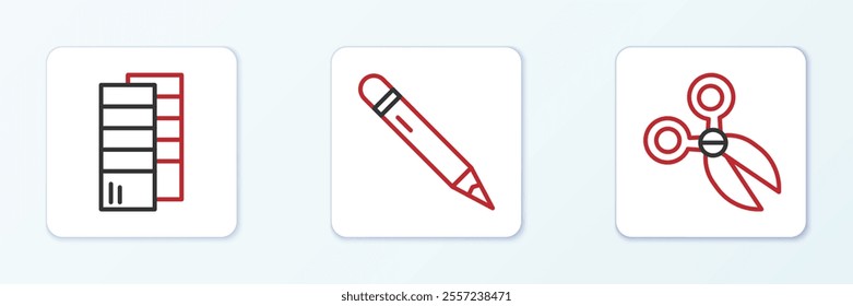 Set line Scissors, Pantone and Pencil with eraser icon. Vector