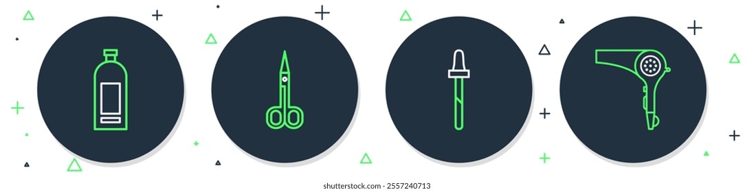 Set line Scissors, Pipette, Bottle of shampoo and Hair dryer icon. Vector
