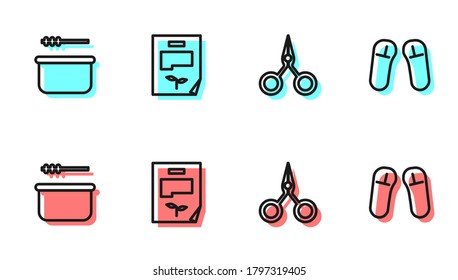 Set line Scissors, Sauna bucket and ladle, Leaf document and Slipper icon. Vector