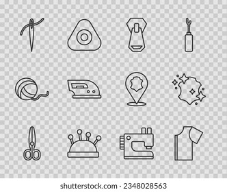 Set line Scissors, Sewing pattern, Zipper, Needle bed and needles, with thread, Electric iron, machine and Leather icon. Vector