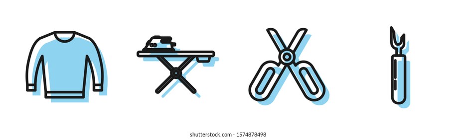 Set line Scissors, Sweater, Electric iron and ironing board and Cutter tool icon. Vector