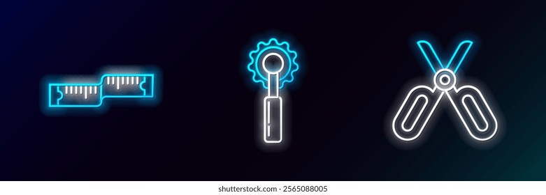 Set line Scissors, Tape measure and Cutter tool icon. Glowing neon. Vector
