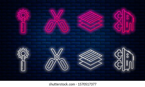 Set line Scissors, Textile fabric roll, Cutter tool and Electric iron. Glowing neon icon on brick wall. Vector